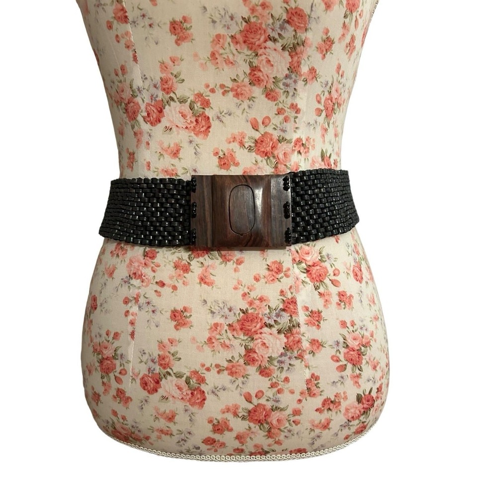 Vintage Wood Buckle Stretch Belt Boho Prairie Peasant Fall Winter Hippie Gypsy